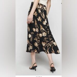 Reformation Black Midi Skirt with Beige Floral Print